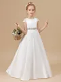 A-Line/Princess Scoop Sweep/Brush Train Satin Junior Bridesmaid Dresses With Bow