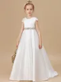 A-Line/Princess Scoop Sweep/Brush Train Satin Junior Bridesmaid Dresses With Bow