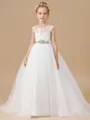 Ball Gown Scoop Sweep/Brush Train Tulle Junior Bridesmaid Dresses With Belt/Sash