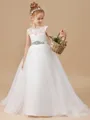Ball Gown Scoop Sweep/Brush Train Tulle Junior Bridesmaid Dresses With Belt/Sash