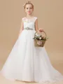 Ball Gown Scoop Sweep/Brush Train Tulle Junior Bridesmaid Dresses With Belt/Sash