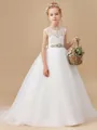 Ball Gown Scoop Sweep/Brush Train Tulle Junior Bridesmaid Dresses With Belt/Sash