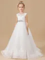 A-Line/Princess Scoop Sweep/Brush Train Tulle Junior Bridesmaid Dresses With Rhinestone