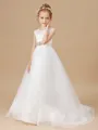 A-Line/Princess Scoop Sweep/Brush Train Tulle Junior Bridesmaid Dresses With Rhinestone