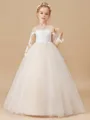 Ball Gown Scoop Sweep/Brush Train Tulle Junior Bridesmaid Dresses With Appliques Lace