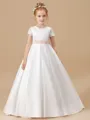 Ball Gown Scoop Sweep/Brush Train Satin Junior Bridesmaid Dresses With Belt/Sash