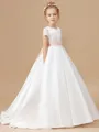 Ball Gown Scoop Sweep/Brush Train Satin Junior Bridesmaid Dresses With Belt/Sash