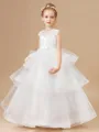 Ball Gown Scoop Floor-Length Tulle Junior Bridesmaid Dresses With Cascading Ruffles