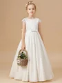 A-line Scoop Short Sleeves Bowknot Floor-Length Satin Flower Girl Dress