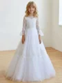 A-line Scoop Long Sleeves Lace Floor-Length Tulle Flower Girl Dress