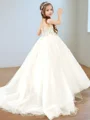 Ball-Gown High Neck Lace Sweep Train Tulle Flower Girl Dress