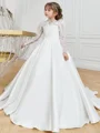 A-line High Neck Long Sleeves Lace Court Train Satin Flower Girl Dress