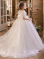 A-line High Neck Short Sleeves Bowknot Sweep Train Tulle Flower Girl Dress