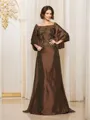 A-Line/Princess Off-the-Shoulder Sweep Train Taffeta Mother of the Bride Dresses With Beading