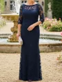 Sheath Scoop 3/4 Sleeves Floor-Length Lace Mother of the Bride Dress