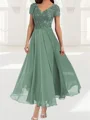 A-line V-neck Short Sleeves Appliques Lace Ankle-Length Chiffon Corset Mother of the Bride Dress