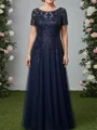 A-line Scoop Short Sleeves Appliques Lace Floor-Length Tulle Corset Mother of the Bride Dress