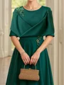 A-line Scoop 1/2 Sleeves Ruffles Tea-Length Mother of the Bride Dress