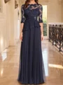 A-line Scoop 1/2 Sleeves Ruffles Floor-Length Tulle Corset Mother of the Bride Dress