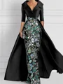 Sheath V-neck 1/2 Sleeves Appliques Lace Floor-Length Satin Corset Mother of the Bride Dress