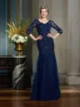 Sheath/Column V-neck Floor-Length Net Mother of the Bride Dresses With Appliques Lace