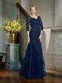 Sheath/Column V-neck Floor-Length Net Mother of the Bride Dresses With Appliques Lace