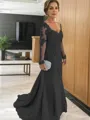 Sheath/Column V-neck Sweep Train Tulle Mother of the Bride Dresses With Appliques Lace