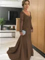 Sheath/Column V-neck Sweep Train Tulle Mother of the Bride Dresses With Appliques Lace