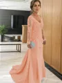 Sheath/Column V-neck Sweep Train Tulle Mother of the Bride Dresses With Appliques Lace