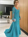 Sheath/Column V-neck Sweep Train Tulle Mother of the Bride Dresses With Appliques Lace