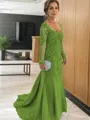 Sheath/Column V-neck Sweep Train Tulle Mother of the Bride Dresses With Appliques Lace