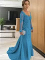 Sheath/Column V-neck Sweep Train Tulle Mother of the Bride Dresses With Appliques Lace