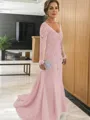 Sheath/Column V-neck Sweep Train Tulle Mother of the Bride Dresses With Appliques Lace