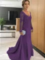Sheath/Column V-neck Sweep Train Tulle Mother of the Bride Dresses With Appliques Lace