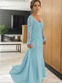Sheath/Column V-neck Sweep Train Tulle Mother of the Bride Dresses With Appliques Lace