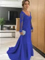 Sheath/Column V-neck Sweep Train Tulle Mother of the Bride Dresses With Appliques Lace