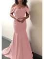 Trumpet/Mermaid Off-the-Shoulder Sweep Train Silk Like Satin Mother of the Bride Dresses With Ruffles