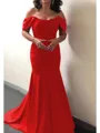 Trumpet/Mermaid Off-the-Shoulder Sweep Train Silk Like Satin Mother of the Bride Dresses With Ruffles