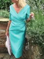 Sheath/Column V-neck Tea-Length Satin Mother of the Bride Dresses With Ruffles