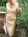 Sheath/Column V-neck Tea-Length Satin Mother of the Bride Dresses With Ruffles