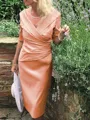 Sheath/Column V-neck Tea-Length Satin Mother of the Bride Dresses With Ruffles