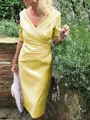 Sheath/Column V-neck Tea-Length Satin Mother of the Bride Dresses With Ruffles