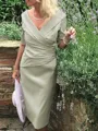 Sheath/Column V-neck Tea-Length Satin Mother of the Bride Dresses With Ruffles