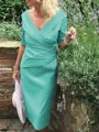 Sheath/Column V-neck Tea-Length Satin Mother of the Bride Dresses With Ruffles