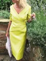 Sheath/Column V-neck Tea-Length Satin Mother of the Bride Dresses With Ruffles