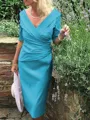 Sheath/Column V-neck Tea-Length Satin Mother of the Bride Dresses With Ruffles