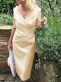 Sheath/Column V-neck Tea-Length Satin Mother of the Bride Dresses With Ruffles