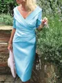 Sheath/Column V-neck Tea-Length Satin Mother of the Bride Dresses With Ruffles