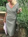 Sheath/Column V-neck Tea-Length Satin Mother of the Bride Dresses With Ruffles