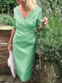 Sheath/Column V-neck Tea-Length Satin Mother of the Bride Dresses With Ruffles